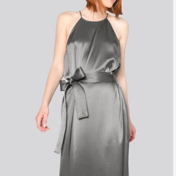 NWT Halston Heritage Silver Gray Racerback Satin Slip‎ Midi Dress Size S $295.00 - Picture 1 of 16